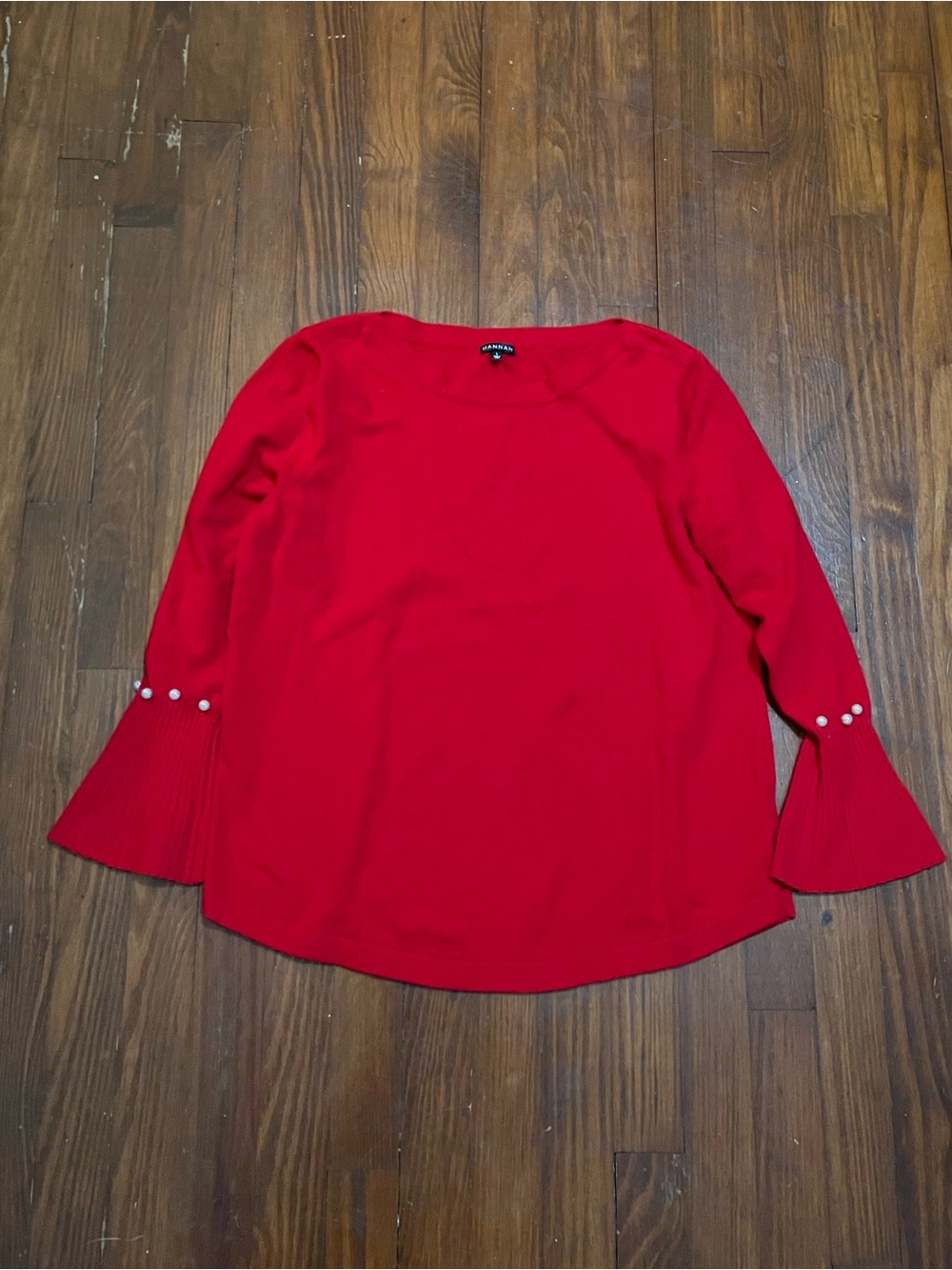 Hannah Bright Red Long-Sleeve Crew Neck Top with Pearl Accents
